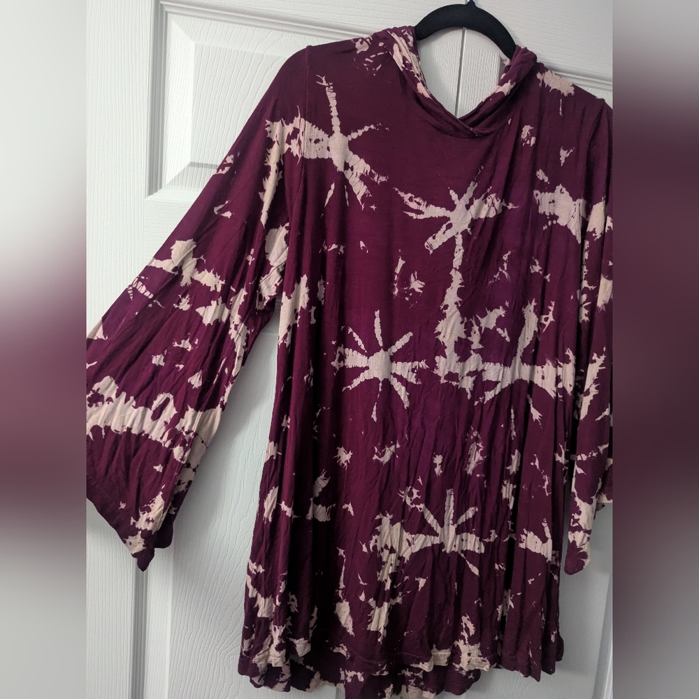 Boho Hippie Top India Boutique shirt Women One Size Tie Dye Hooded Beach Maroon